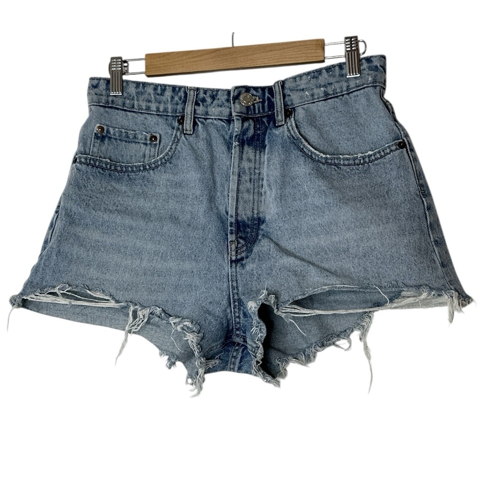 ZARA Jeans Shorts Womens 8 Classic‎ Fit High Waist Blue Denim Beach Button Fly
